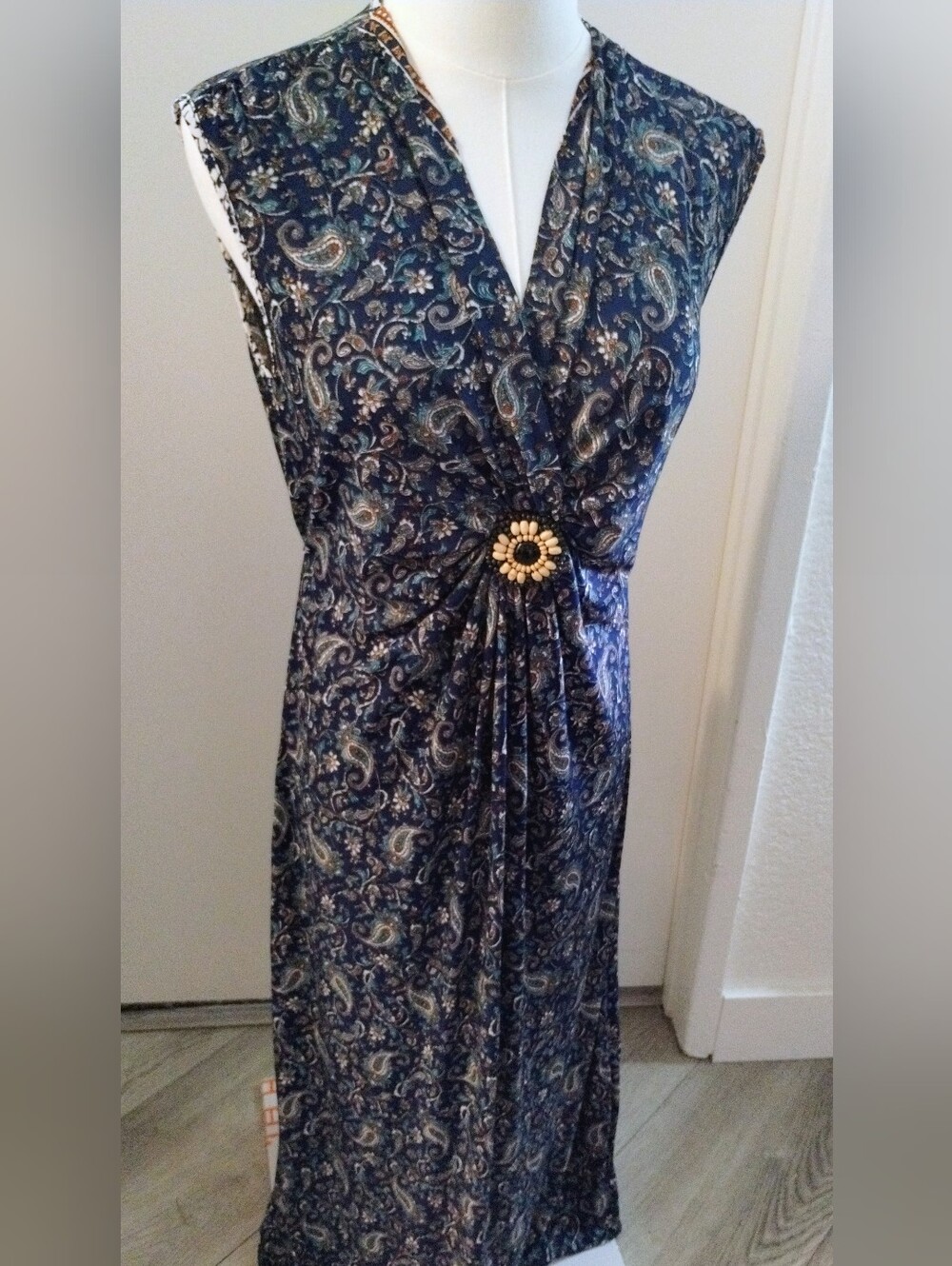 Women's Ace Fashion Navy Paisley Maxi Dress with Decorative Brooch